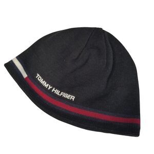Tommy Hilfiger Beanie Blue White Red Knit Logo Spell Out VTG Y2K Fleece Lined